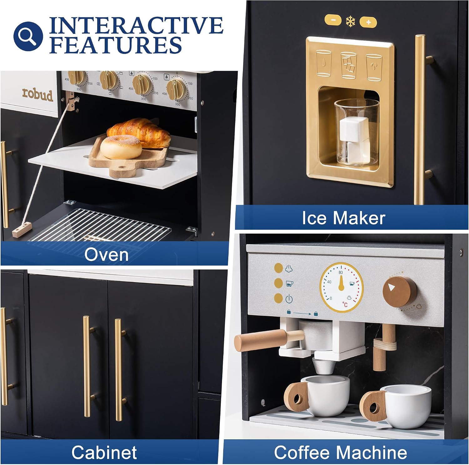 ROBUD Wooden Play Kitchen Set for Kids and Toddlers with Coffee Machine, Ice Maker, Microwave, Oven, Large Cabinet, 12 Accessories, Gift for 3+, Black