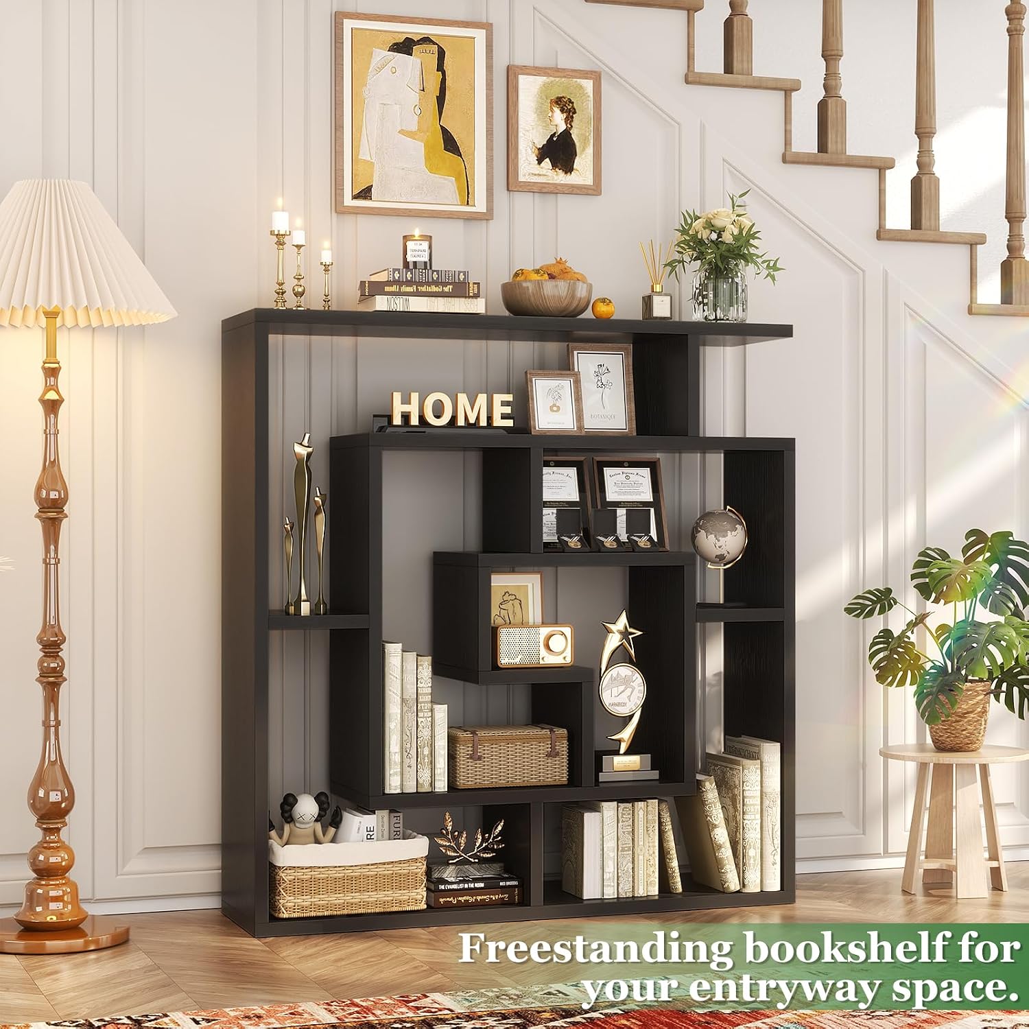 Armocity 5 Tier Display Book Shelf Wall Mounted Bookshelf Freestanding Geometric Bookcase Floating Book Shelves for Wall Bedroom Living Room Home Office, 45.5'(W) * 47'(H), Black