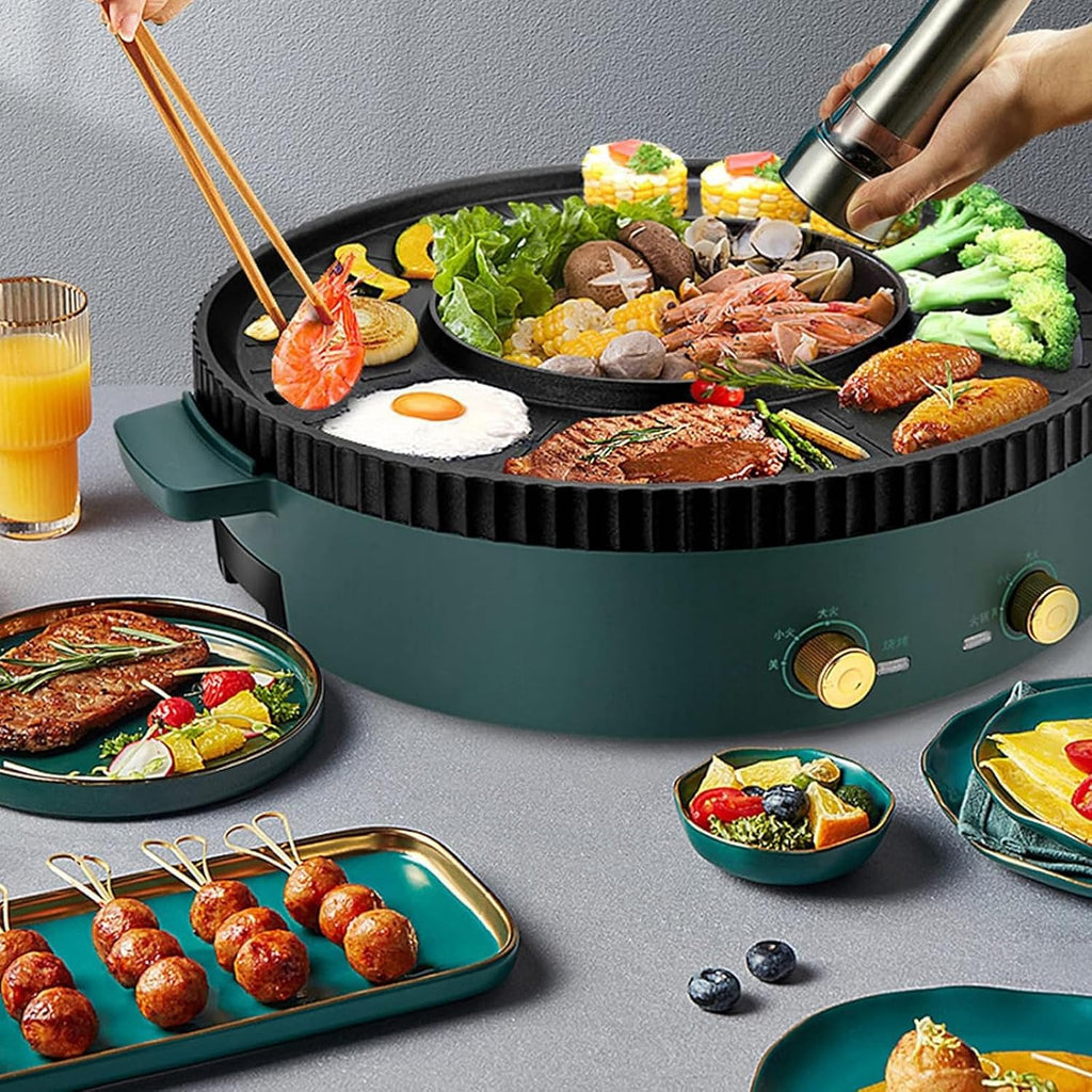 Electric Hot Pot and Grill 2 in 1, with Lid, Adjustable Temperature, High Efficiency and Smokeless, Nonstick BBQ Grill, Multifunctional Barbecue Grill Plate for Home Kitchen (A 42CM)