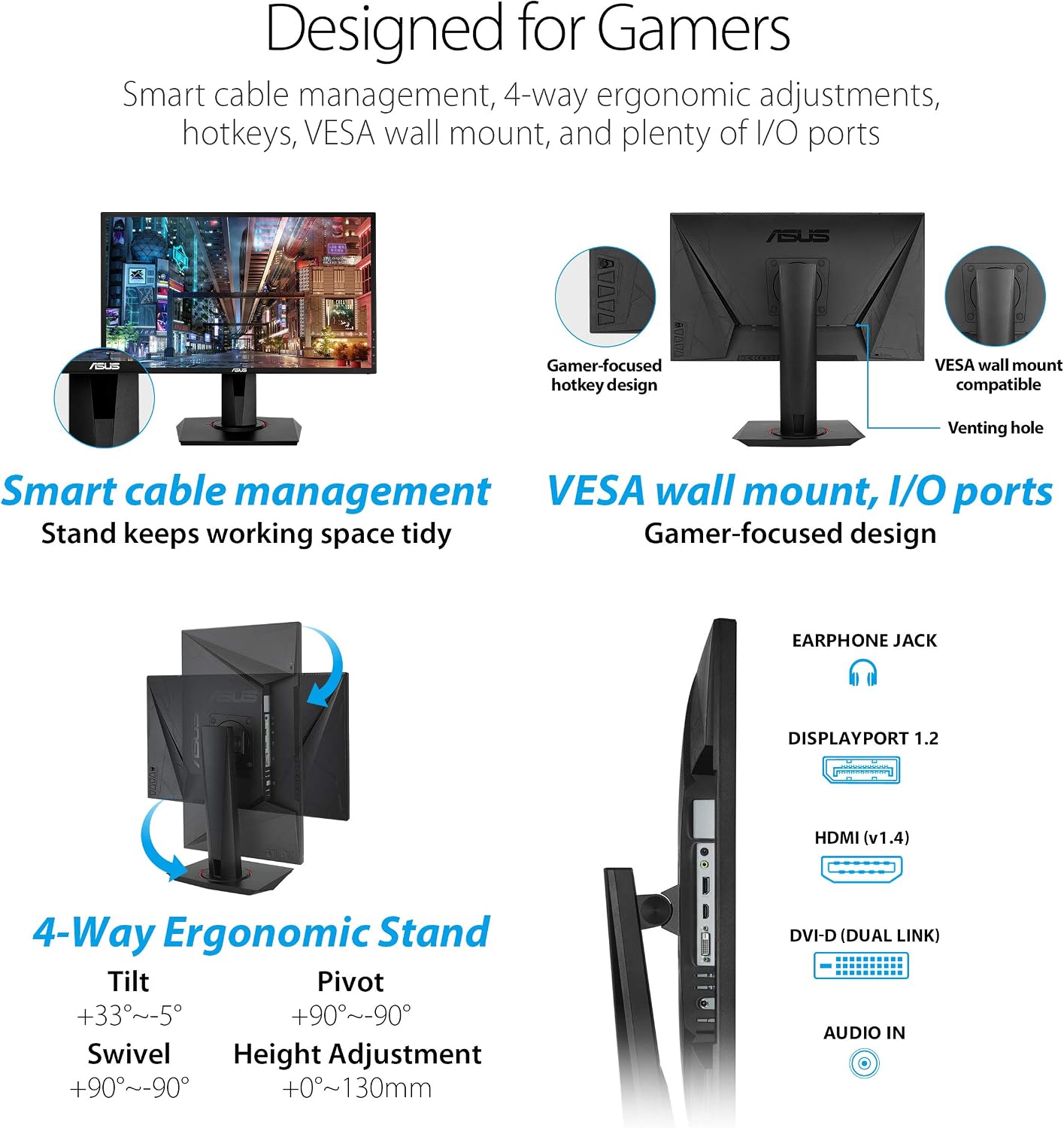 ASUS VG248QG 24' G-Sync Compatible Gaming Monitor 165Hz Full HD 1080p 0.5ms DP HDMI DVI Eye Care
