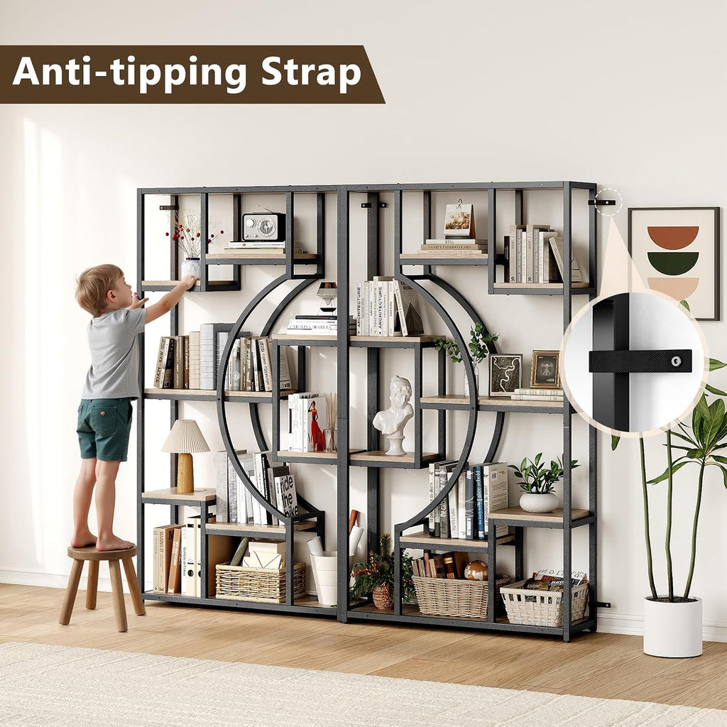 LGHM Industrial 5-Tier Bookshelf with Storage, 70.9 Inch Tall Large Display Bookcase - Modern Metal Standing Shelves for Living Room, Office and Bedroom, Set of 2, Greige