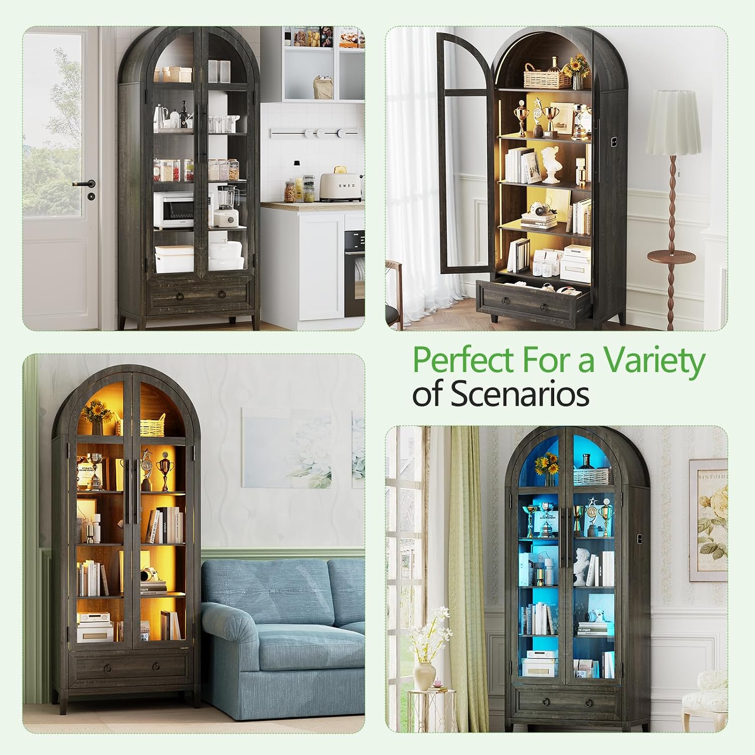 HNEBC Book Shelf with LED Lights, Arched Display Case with Storage Cabinet, Smart File Cabinet with Glass Door, Curio Cabinet with Solid Wood Legs for Home Office/Bedroom Furnniture-Brown