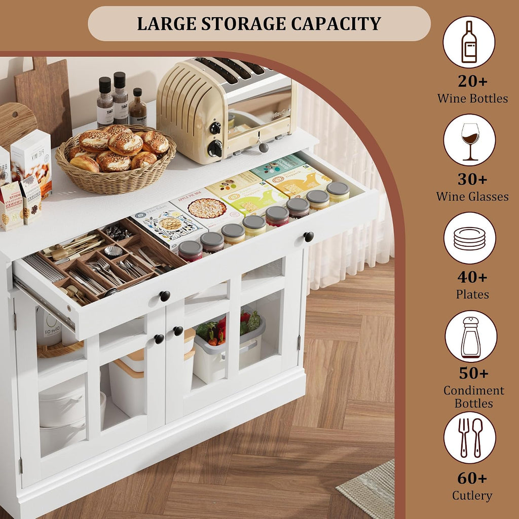 GarveeHome 35.4 in Sideboard Buffet Cabinets with Glass Door, Buffet Cabinet with Storage, White Sideboard Cabinet with Drawer, Modern Buffets & Sideboards for Dining Room, Kitchen