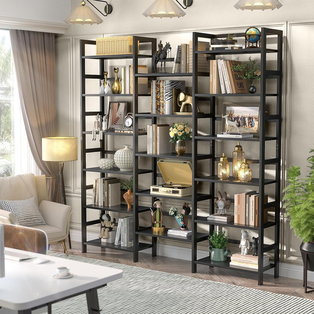 Homykic Bamboo Bookshelf, 71' Tall Triple Wide Bookcase with 17 Open Storage Shelves, 6-Tier Etagere with Back Rails, Large Display Shelf for Books, Plants, Home Office, Max Load 748LBS, Black