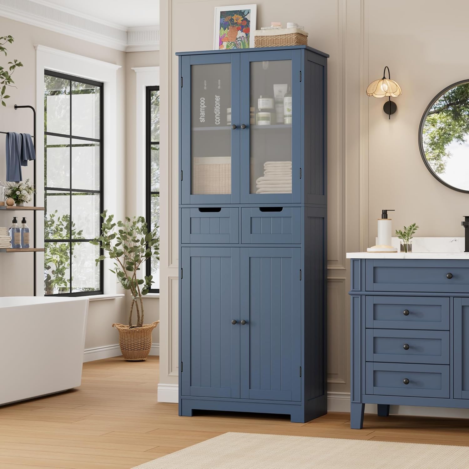 HORSTORS 67' Tall Bathroom Storage Cabinet, Freestanding Storage Cabinet with Glass Door and Shelves, Kitchen Pantry with 2 Drawers for Bathroom, Living Room, Dining Room, Blue