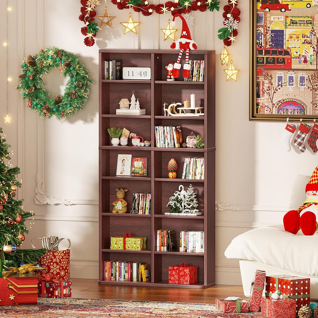 LELELINKY 7 Tier Tall Display Cabinet, Walnut Media Storage Cabinet with Adjustable Shelves, Free Standing DVD Organizer Shelf, Floor Multimedia Storage Manga Bookshelf for Living Room & Home Office.