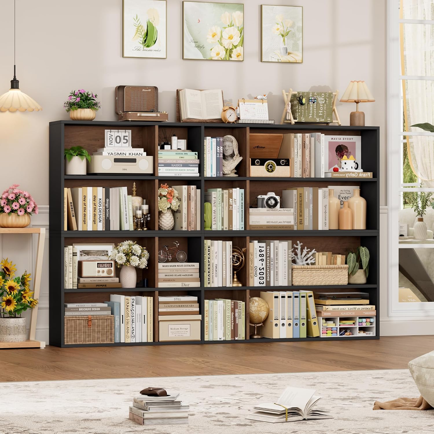 FOTOSOK 71'' Tall Bookshelf with 14 Cubes, 7 Tier Double Wide Wood Bookshelf with 6 Adjustable Shelves, 19.6' Narrow Bookcase DVD/CD Media Storage, Space Saving Display Shelf Cabinet, Black/Brown