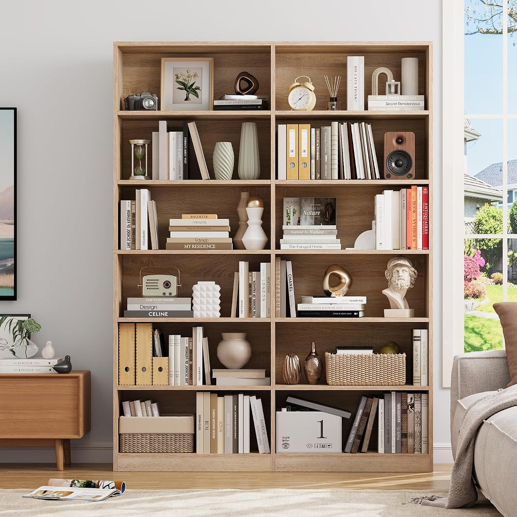 FACBOTALL Bookshelf and Bookcase, 6-Tier Double Wide Bookshelves,Freestanding Display Storage Shelves, Tall Bookcases for Home Decor Bedroom, Living Room, Home Office, Light Oak