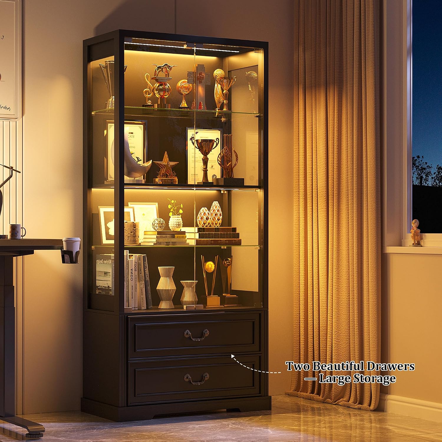 FREDEES Display Cabinet with Glass Doors,67' Adjustable Display Shelf with 2 Drawers and 4 Tier Curio Cabinet,Tall Bookcase with 3 Color Lights and Human Body Sensor for Toys,Books（Black）