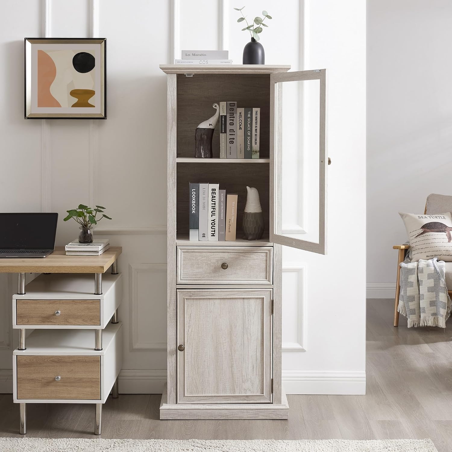 65' Tall Bookcase with Tempered Glass Door, Elegant Freestanding Display Cabinet with Drawer, Modern Wooden Kitchen Pantry Storage Cabinets for Living Room/Office(White)
