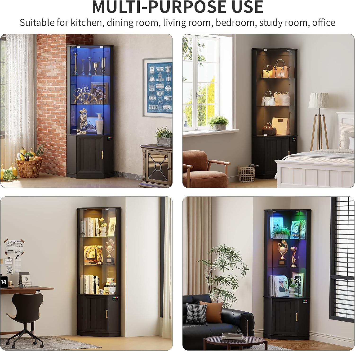 HNEBC 69' Tall Curio Display Cabinet with Glass Door and Movable Shelves,Corner Bookcase with LED Human Sensor Lights,5-Tier RGB Display Case for Collectibles,Bedroom Living Room