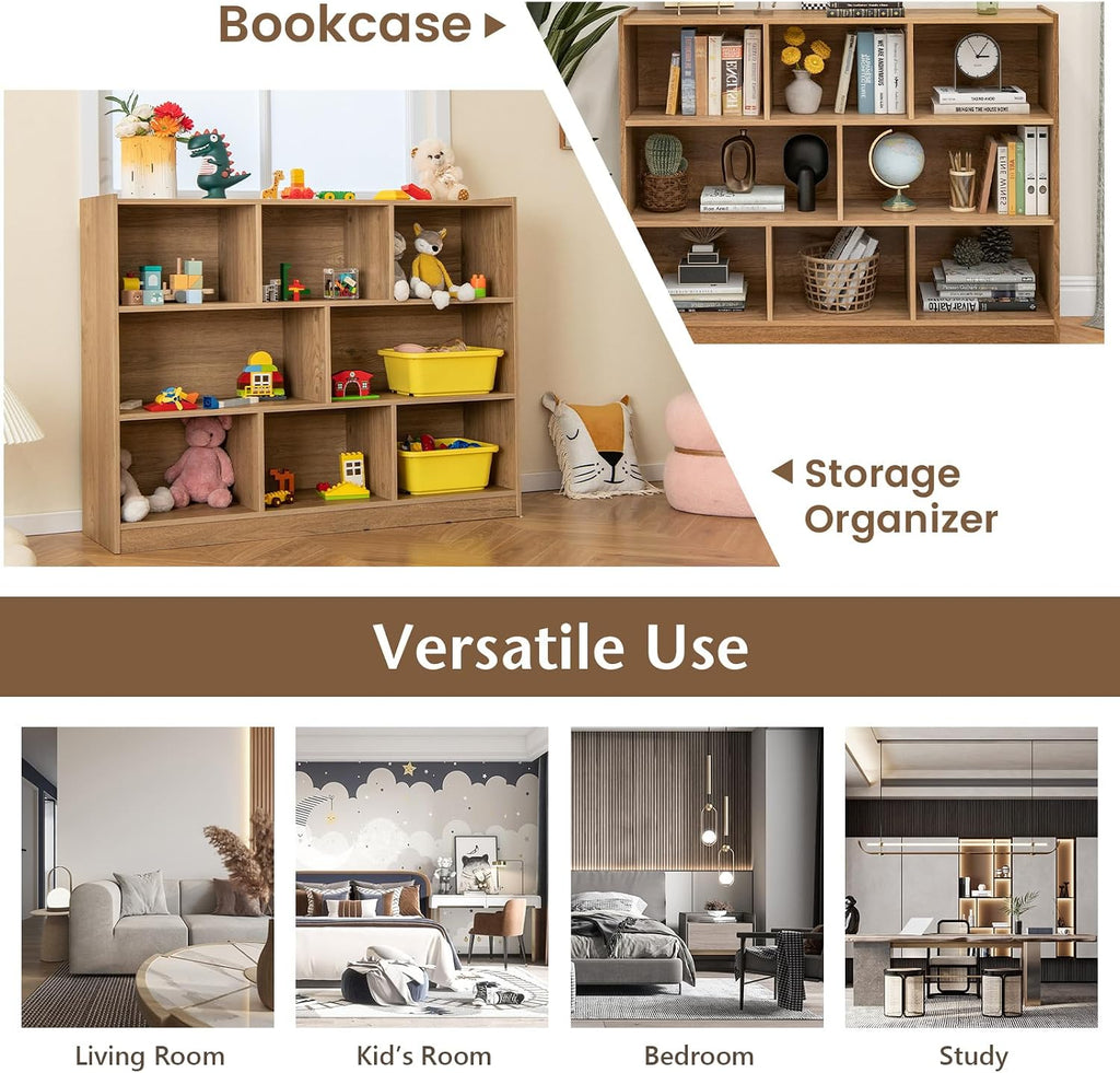 Giantex 8 Cube Bookcase, Freestanding 3-Tier Open Bookshelf, Modern Storage Display Cabinet, Wood Cube Storage Organizer for Living Room, Kid's Room, Natural