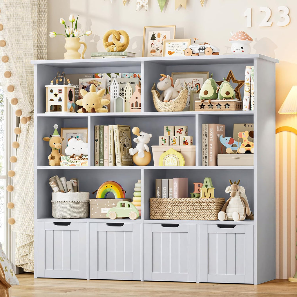 FINETONES Toy Storage Organizer, Kids Bookshelf with 4 Movable Chests and 7 Storage Cubes, Toy Chest Storage Shelf Organizer with Hidden Wheels, Toy Organizers and Toy Storage, Grey