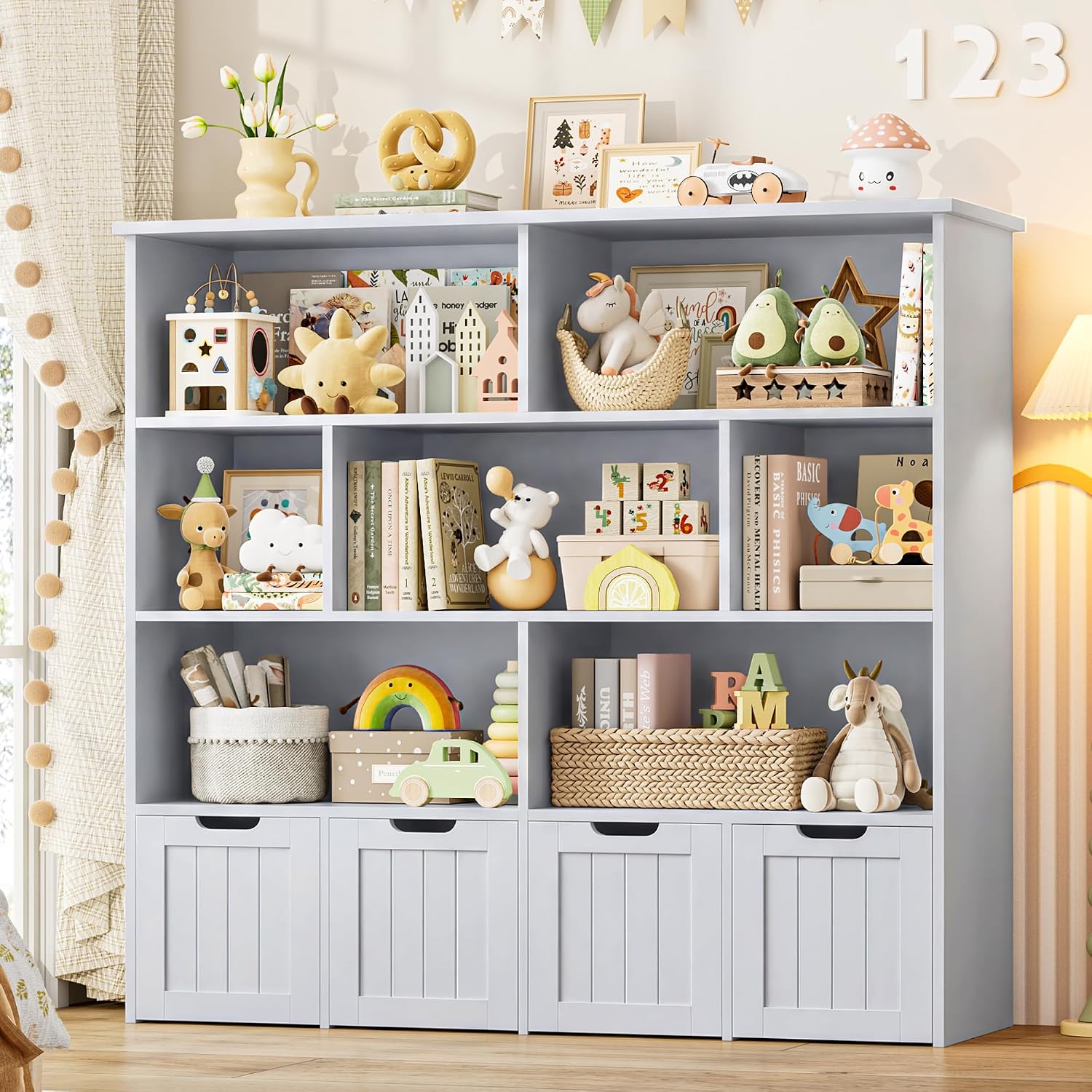 FINETONES Toy Storage Organizer, Kids Bookshelf with 4 Movable Chests and 7 Storage Cubes, Toy Chest Storage Shelf Organizer with Hidden Wheels, Toy Organizers and Toy Storage, Grey