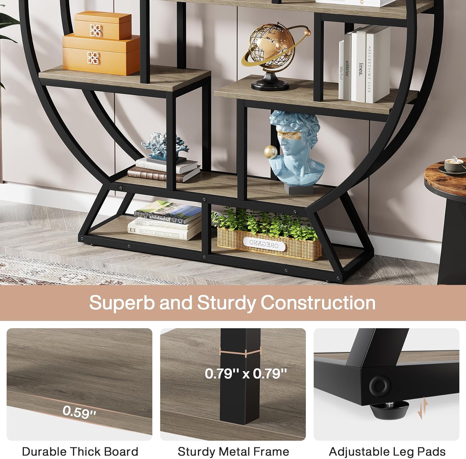 Tribesigns Bookshelf, Round Bookshelves Etagere Bookcase, 63 Inch Industrial Wood Book Shelf with Staggered Shelves, Open Shelving Organizer Rack Display Shelf for Home Office, Living Room, Grey