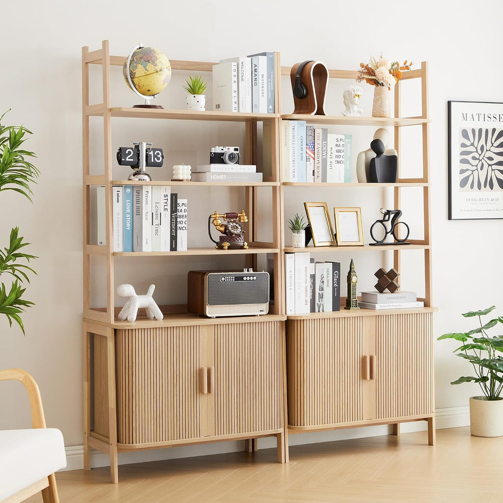 4-Tier Bookshelf, Tall Bookcase with Open Shelf and Sliding Door, 70' Freestanding Storage Organizer Display Cabinet for Living Room, Home Office (Natural)