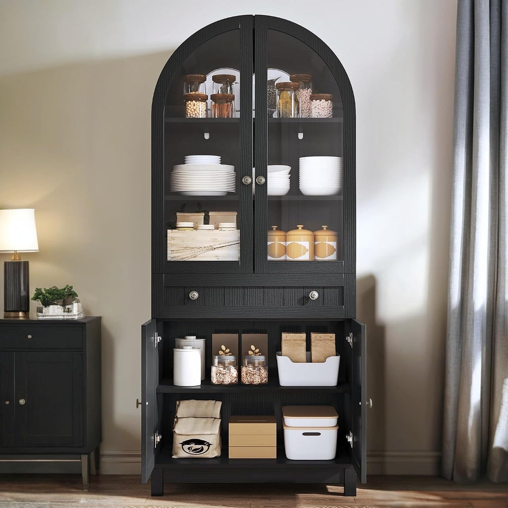 DWVO Arched Pantry Cabinet, 71' Tall Glass Door Display Storage Cabinets W/Drawer & Adjustable Shelves, Farmhouse Versatile Cupboard Bookshelf for Kitchen Dining Living Room, Black