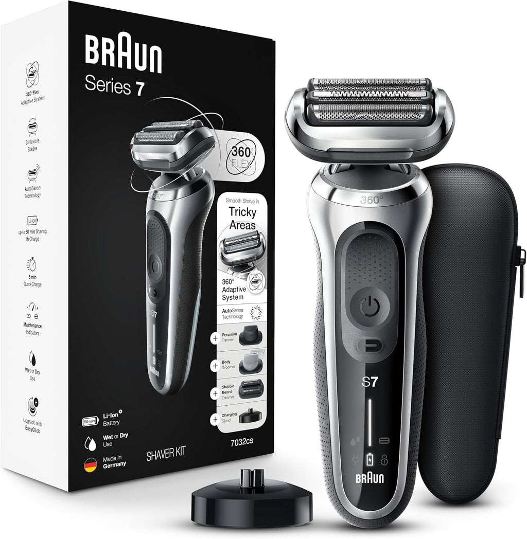 Braun Series 7 7032cs Flex Electric Razor for Men, Wet & Dry, Electric Razor, Rechargeable, Cordless Foil Shaver with Beard Trimmer and Charging Stand, Silver