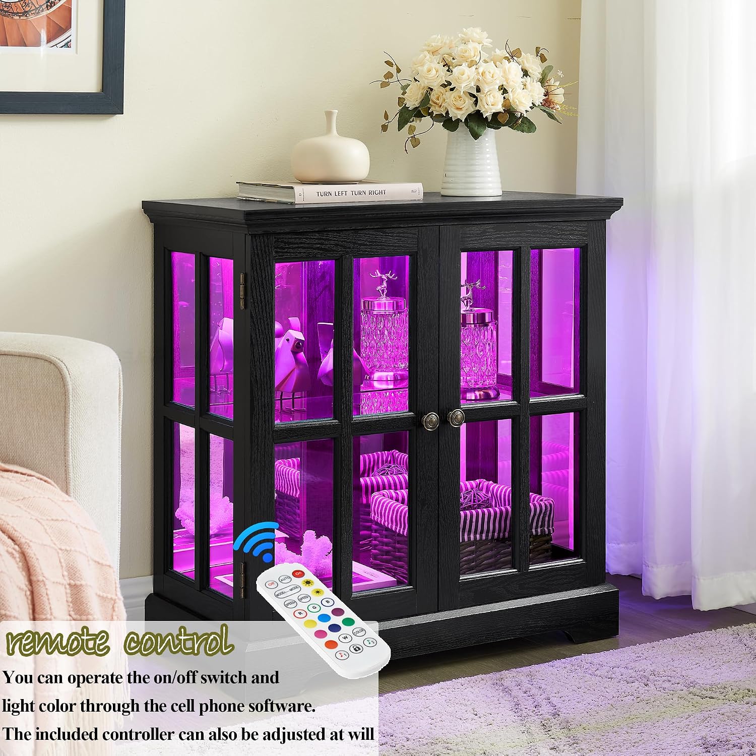 30' Glass Curio Display Storage Cabinet with LED Light, Modern 2 Lattice Doors Tableware Display Sideboard w/Adjustable Shelves, Retro Design Quality Showcase Bookcase for Home (Black)
