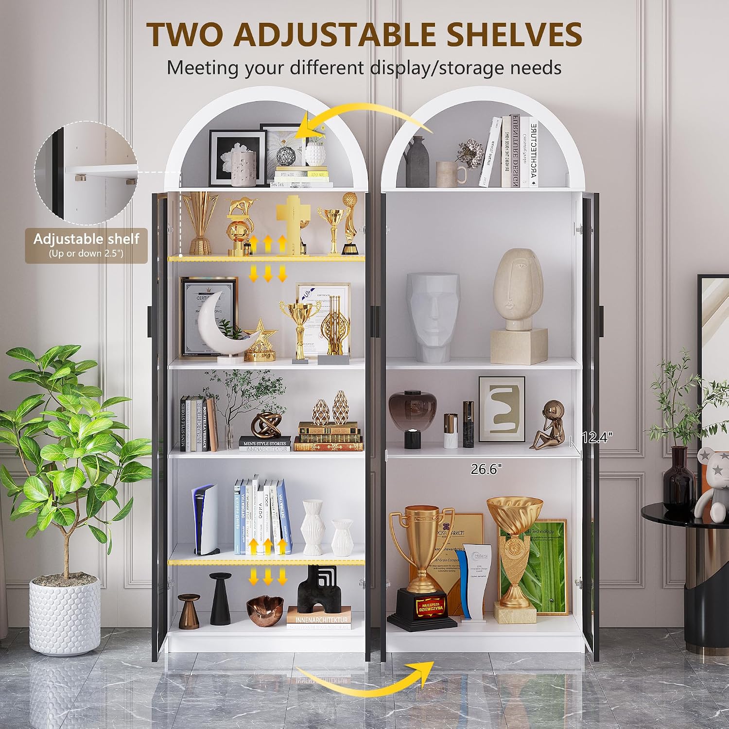 FREDEES Arched Display Cabinet with Doors, 76' Tall Curio Cabinet with Adjustable Shelves/3 Colors LED Lights, 6 Tier Display Case for Collectibles, White
