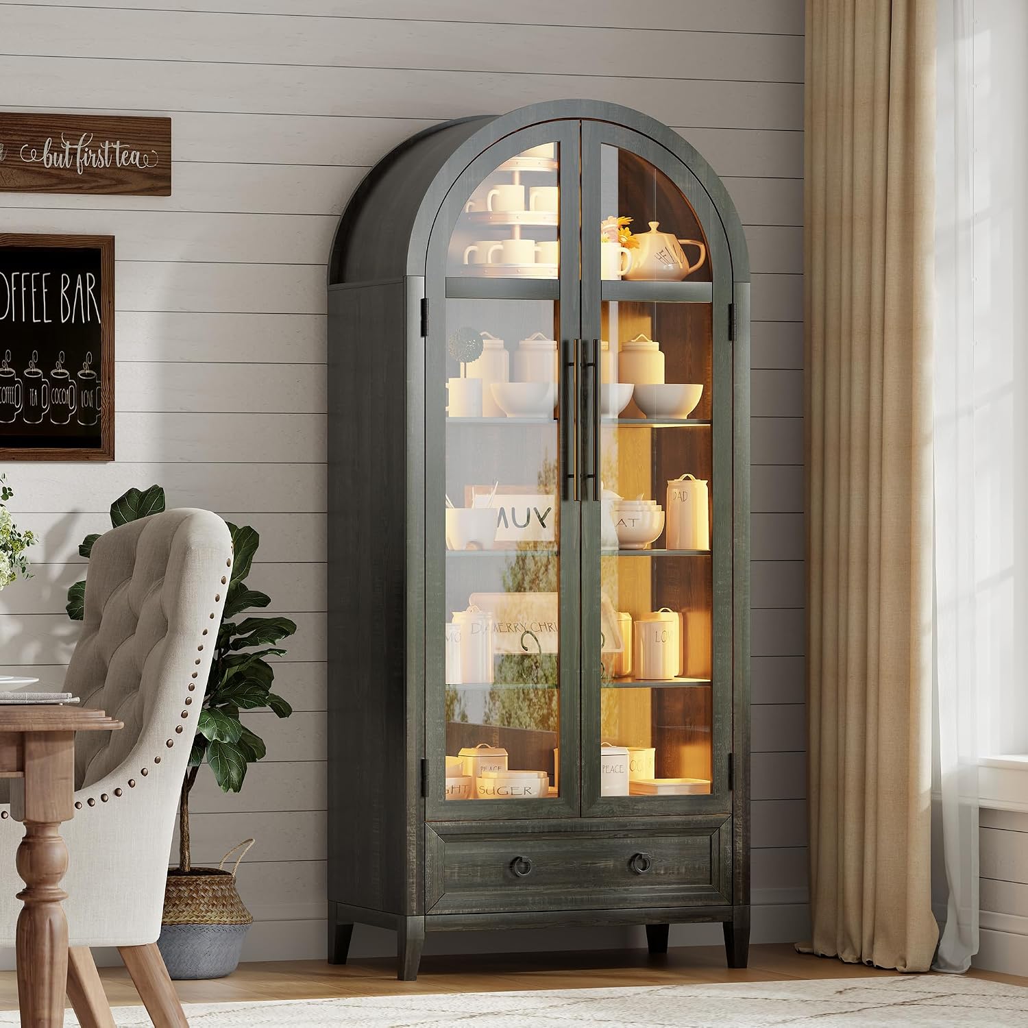 Arch Display Cabinet with Glass Doors, 4-Tier Curio Cabinet Shelves and a Drawer,73' Inch Tall LED Display Case for Collectibles,Bookcase for Bedroom Living Room Office,Brown