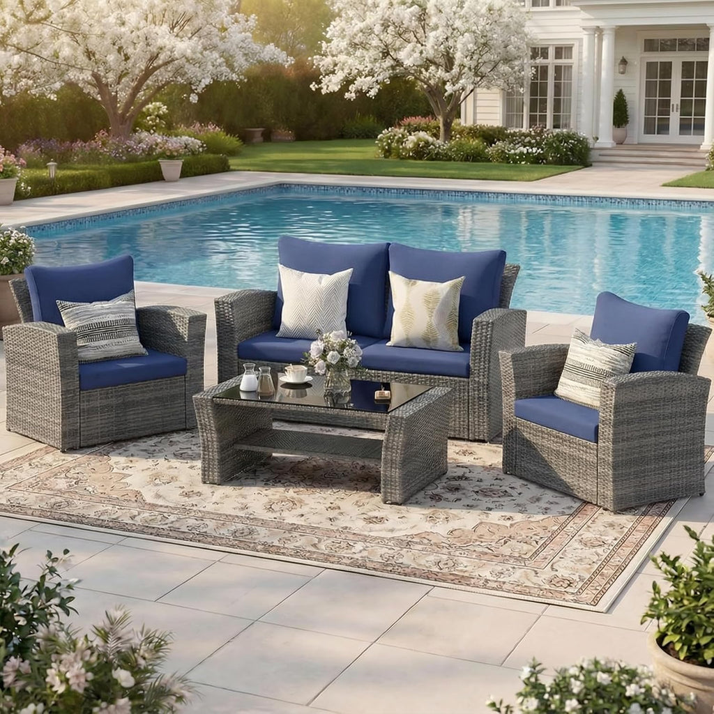 Wisteria Lane Patio Furniture Set, Wicker Outside Outdoor Furniture for All Weather, Patio Sofa with High Backrest Support and Wide Armrest for Backyard, Balcony, Deck, Porch, Blue