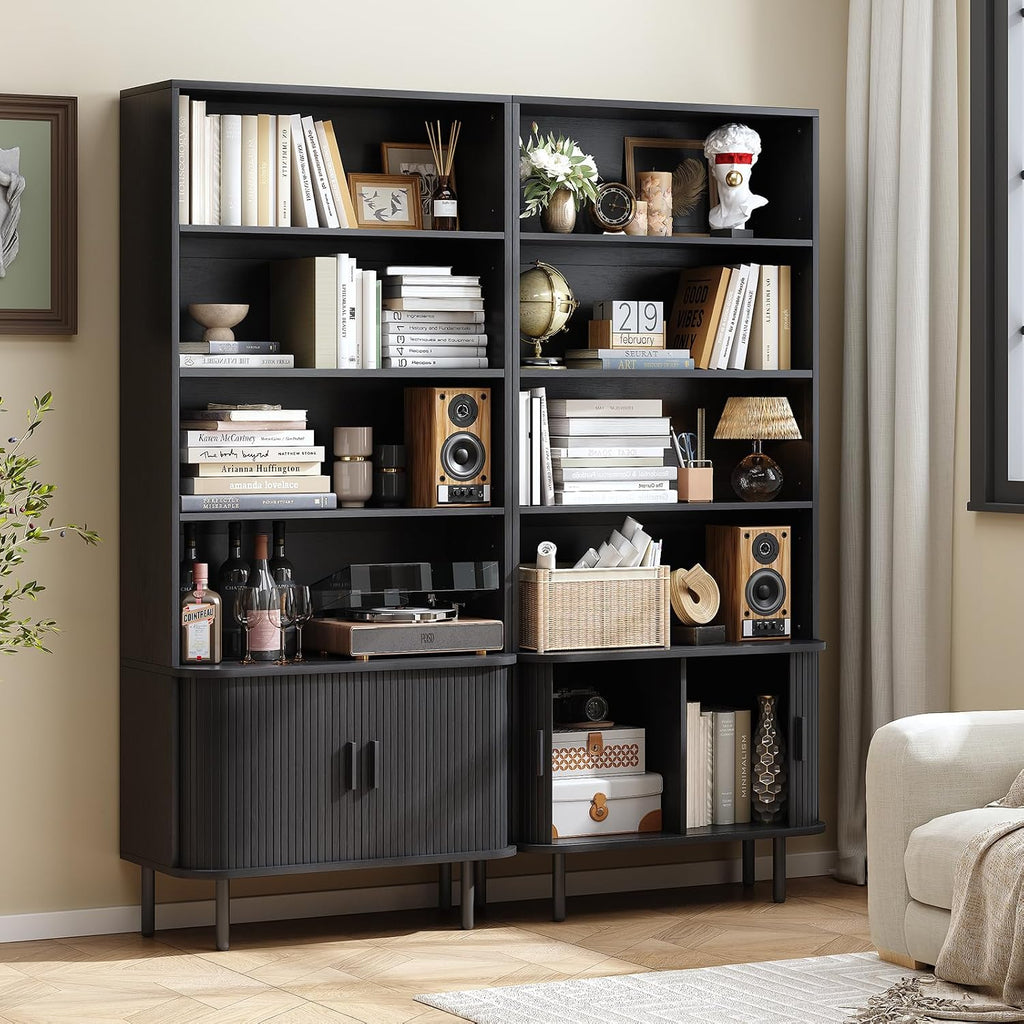 ONBRILL 71' Tall Bookshelf, 4-Tier Bookcase with Storage Cabinet & Adjustable Shelves, Floor Standing Wooden Bookshelf with Sliding Door and Adjustable Footpad, for Home Office, Living Room, Black