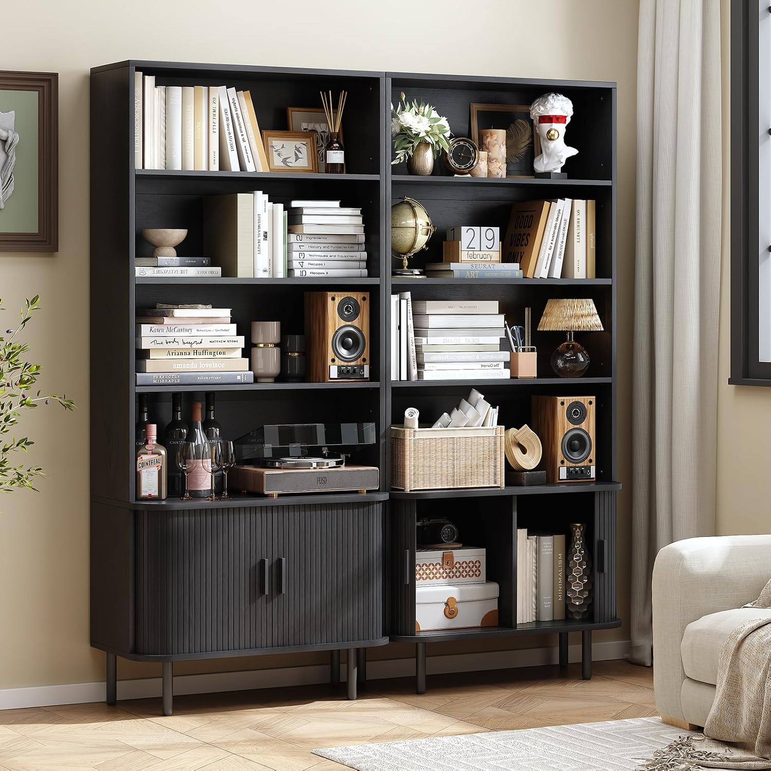 ONBRILL 71' Tall Bookshelf, 4-Tier Bookcase with Storage Cabinet & Adjustable Shelves, Floor Standing Wooden Bookshelf with Sliding Door and Adjustable Footpad, for Home Office, Living Room, Black