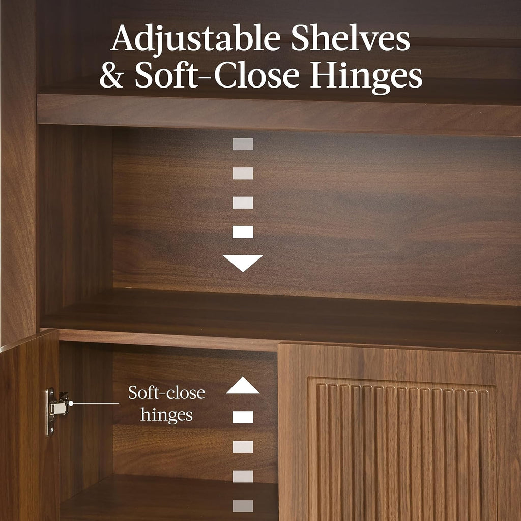 Best Choice Products 72' Tall Arched Pantry Cabinet w/Reeded Doors, 5-Tier Bookshelf, Armoire, Hutch, Bookcase, Storage Cabinet w/Adjustable Shelves, for Dining Room and Livingroom - Walnut