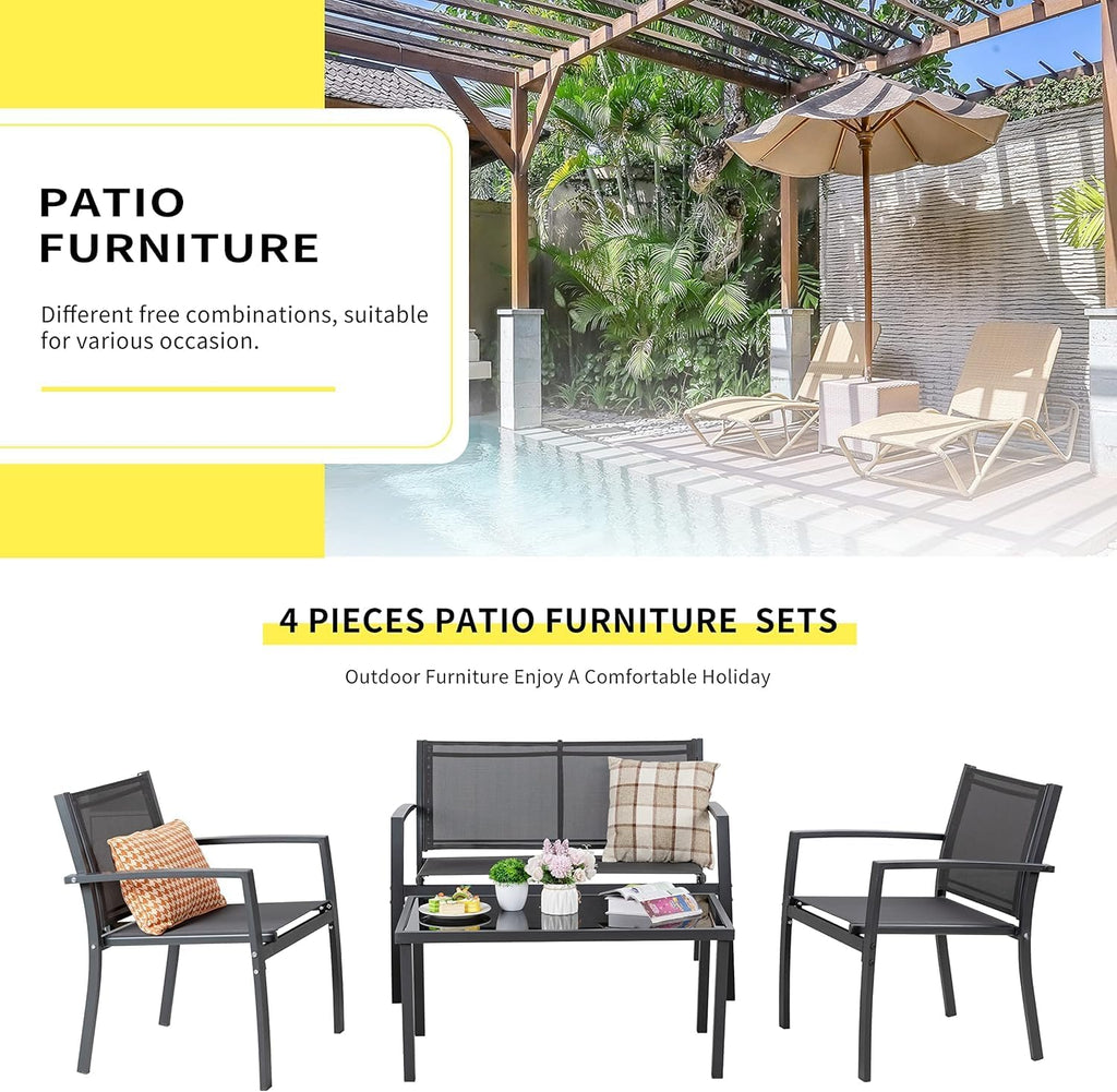 Shintenchi 4 Pieces Patio Furniture Set All Weather Textile Fabric Outdoor Conversation Set, with Glass Coffee Table, Loveseat, 2 Single Chairs for Home, Garden, Lawn, Porch（Gray）