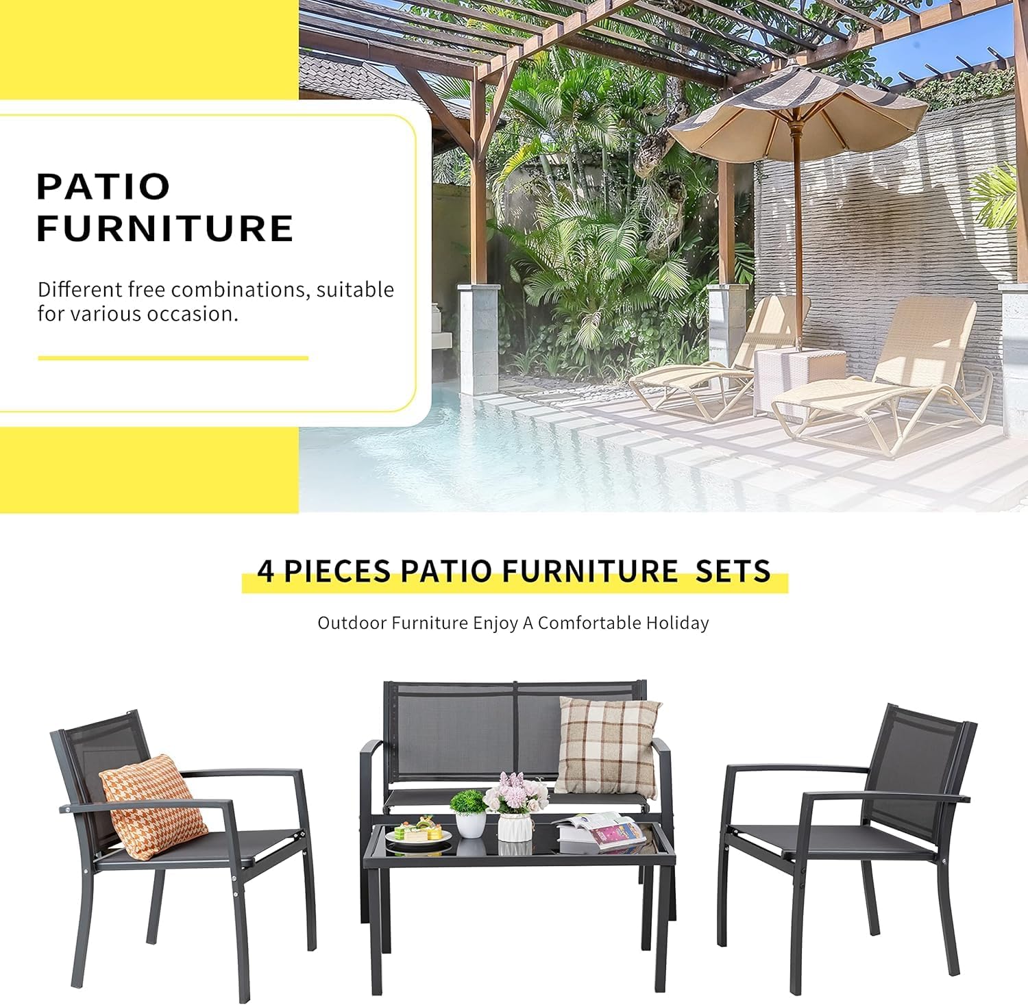 Shintenchi 4 Pieces Patio Furniture Set All Weather Textile Fabric Outdoor Conversation Set, with Glass Coffee Table, Loveseat, 2 Single Chairs for Home, Garden, Lawn, Porch（Gray）