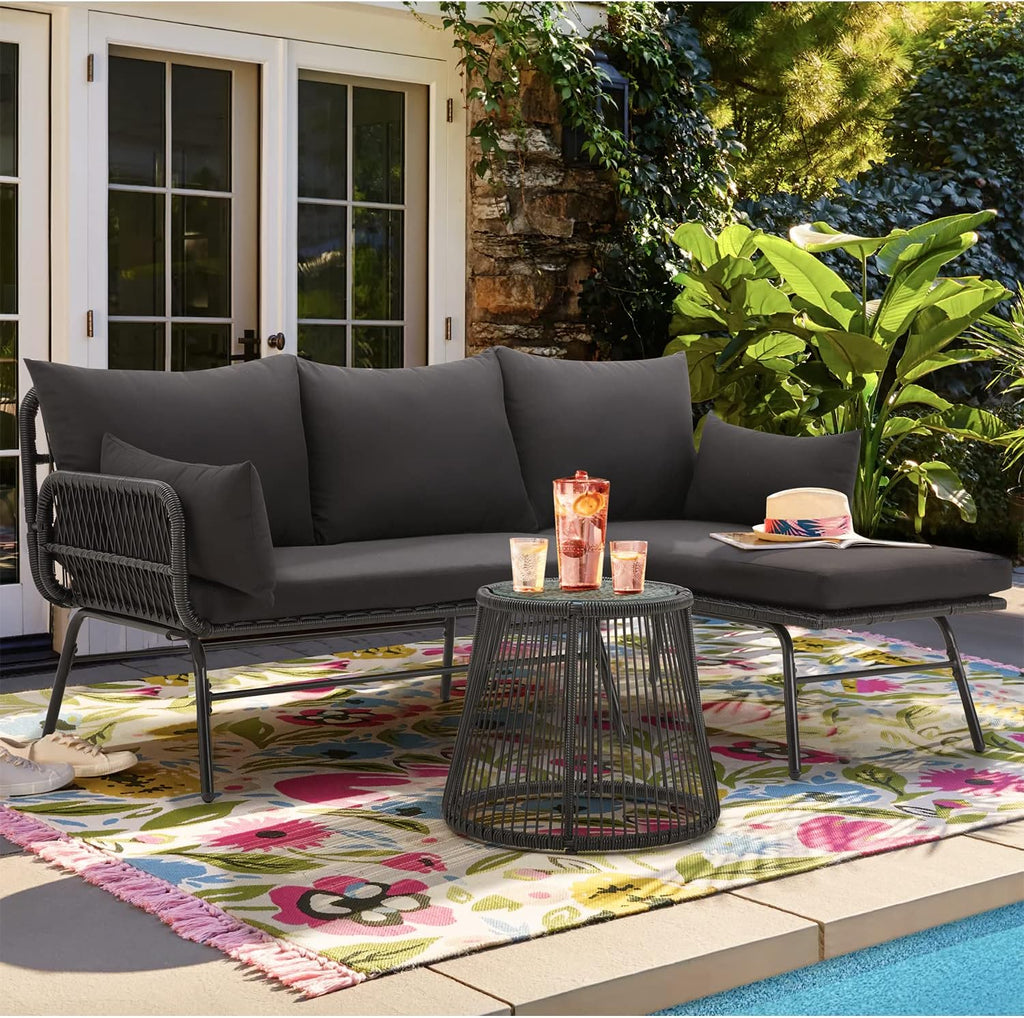 EROMMY 3 Piece Patio Conversation Sets, L-Shaped Sectional Patio Furniture Sofa Set with Thick Cushions and Toughened Glass Coffee Table for Backyard Balcony Garden Porch, Black