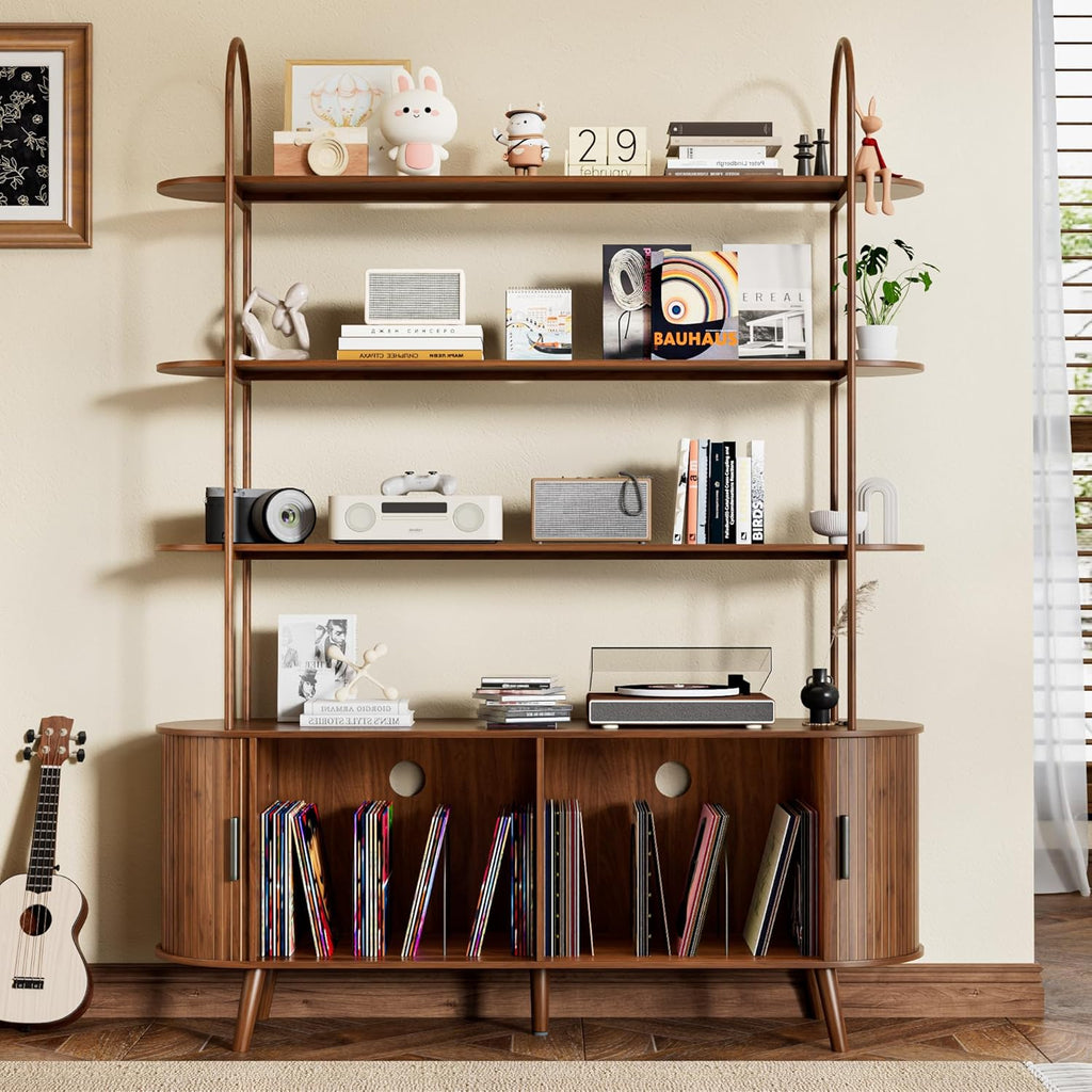 Tall Large Vinyl Record Player Stand, Fluted Long Record Storage Cabinet with Sliding Doors, Mid Century Modern Bookshelf, 4 Tier Media Display Shelf, Arched Turntable Stand for Living Room, Walnut