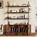 Tall Large Vinyl Record Player Stand, Fluted Long Record Storage Cabinet with Sliding Doors, Mid Century Modern Bookshelf, 4 Tier Media Display Shelf, Arched Turntable Stand for Living Room, Walnut