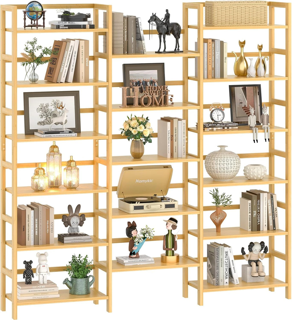 Homykic Bamboo Bookshelf, 71' Tall Triple Wide Bookcase with 17 Open Storage Shelves, 6-Tier Etagere with Back Rails, Large Display Shelf for Books, Plants, Home Office, Living Room, Max Load 748LBS