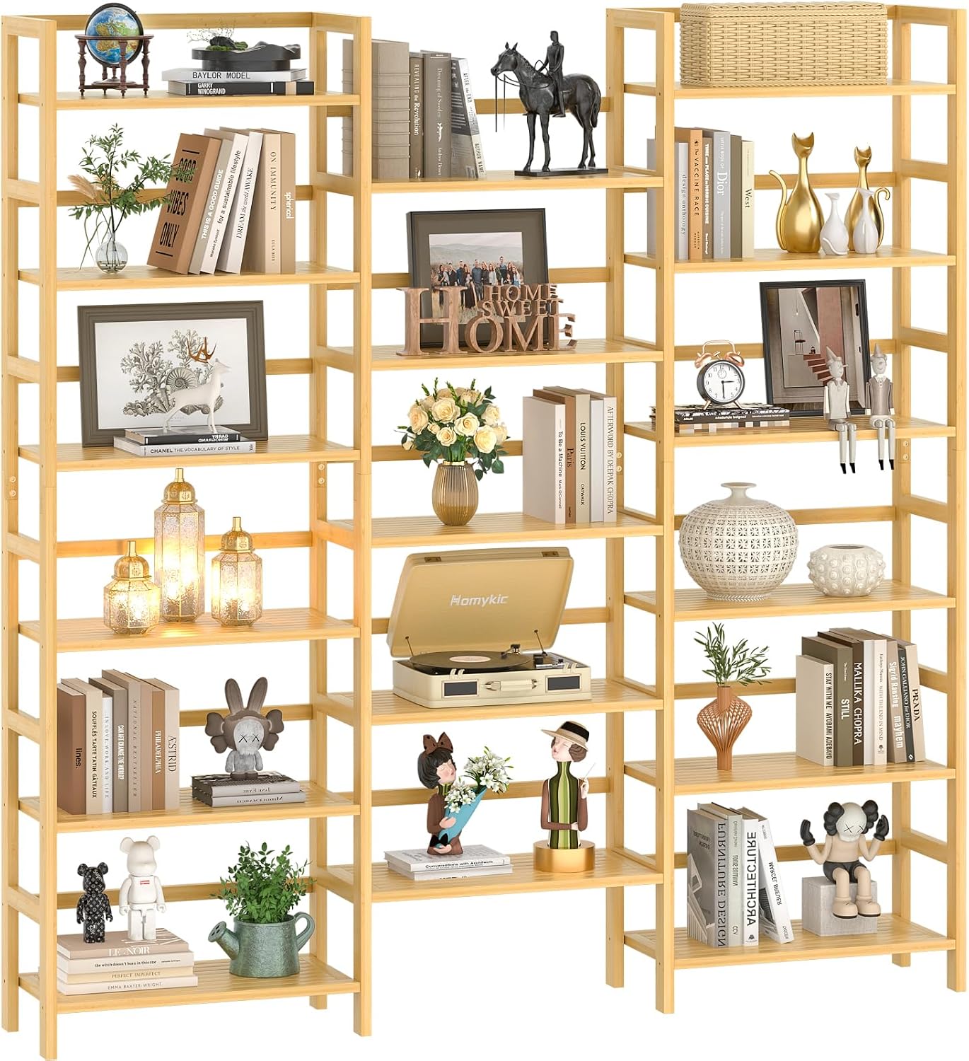 Homykic Bamboo Bookshelf, 71' Tall Triple Wide Bookcase with 17 Open Storage Shelves, 6-Tier Etagere with Back Rails, Large Display Shelf for Books, Plants, Home Office, Living Room, Max Load 748LBS