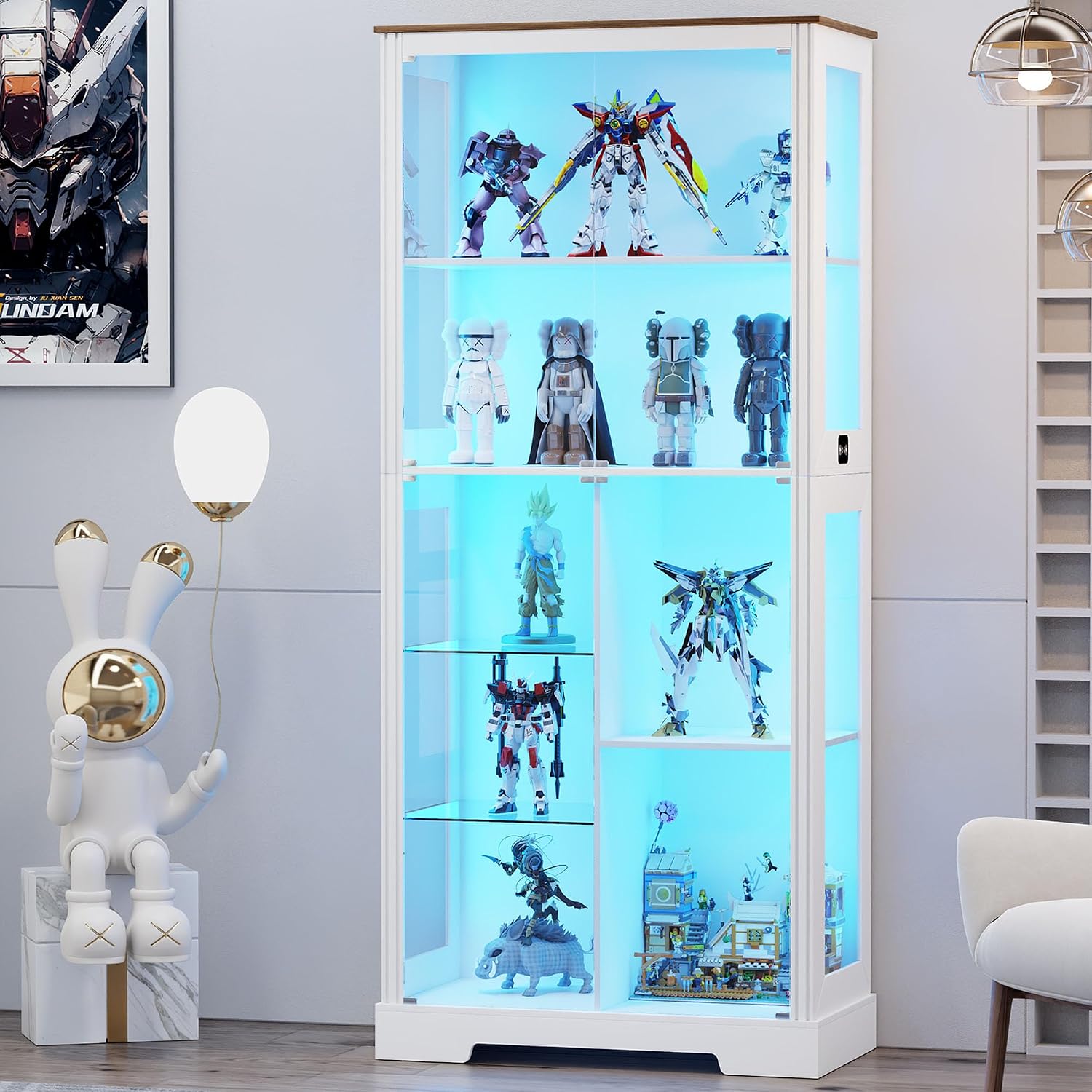 HNEBC 71'' Display Cabinet with 5-Tier and 3 Color Lights for Books Toys Liquor,Curio Cabinet with Human Body Bookcases for Bedroom, Living Room,White