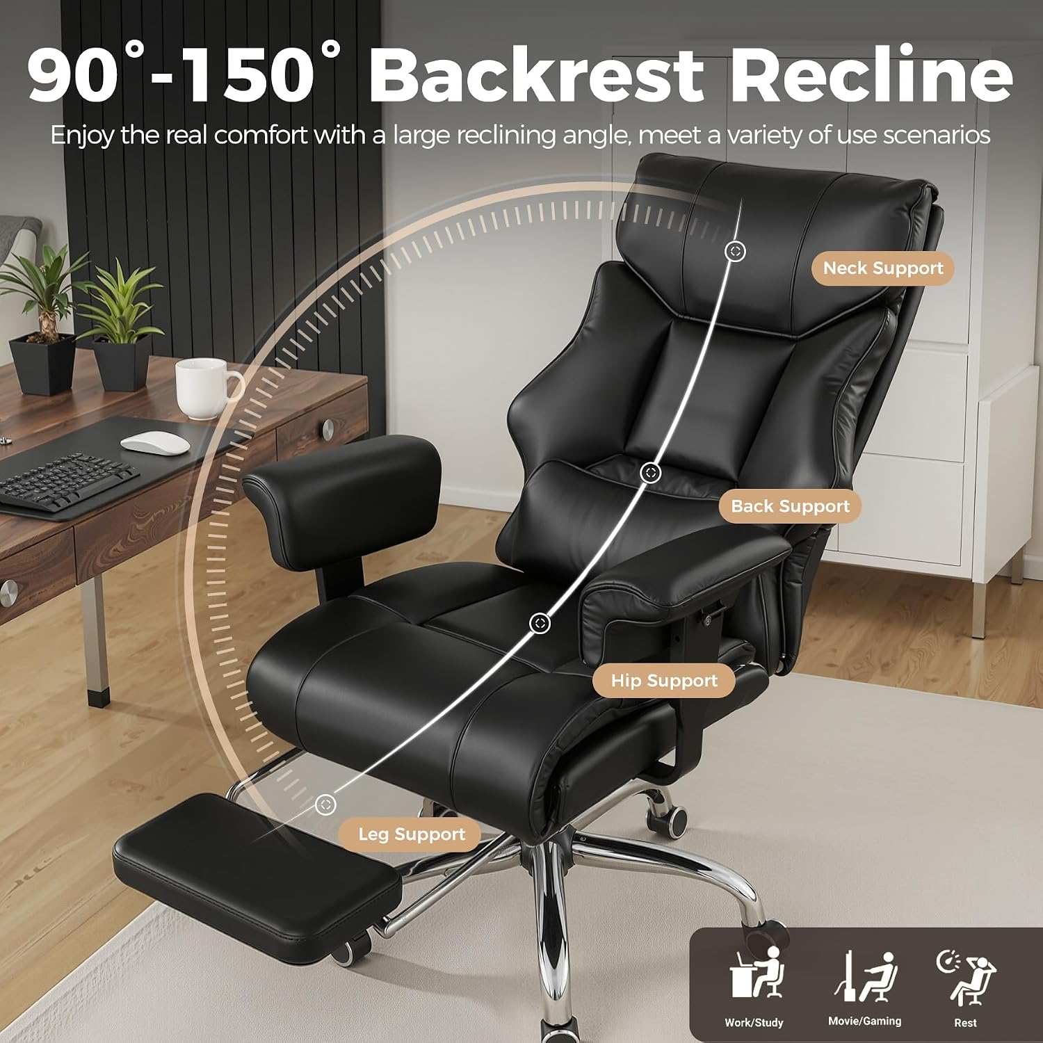 GTPLAYER Big and Tall Gaming Chair 400lbs Heavy Duty Office Chair with Foot Rest & Ergonomic Pocket Spring Cushion, High Back Lumbar Support for Lower Back Pain Relief, Ergo Black