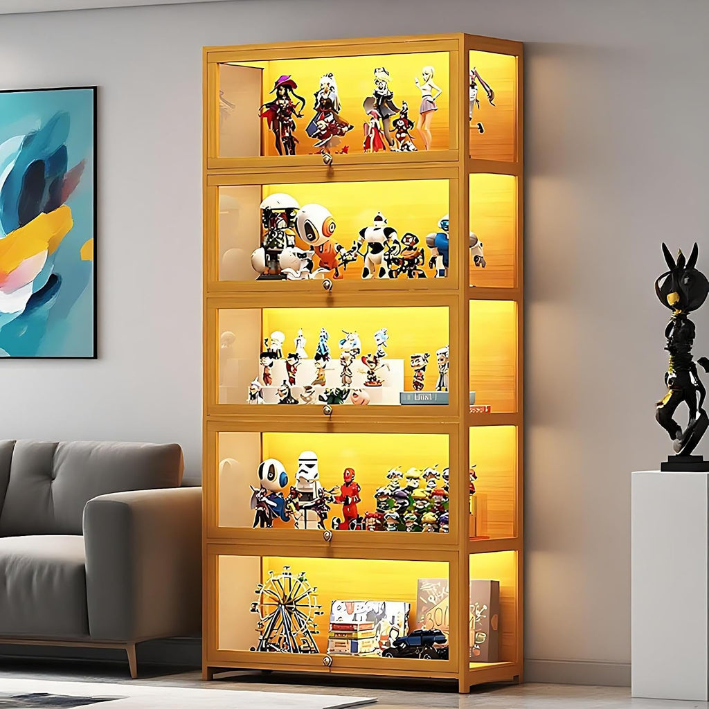 Display Cabinet with Acrylic Glass Door, 5 Tier Curio Display Case, Collectibles Toy Organizers Rack & Display Shelf, Kids Bookcase for Bedroom, Reading Nook, Toddler's Room, Bamboo
