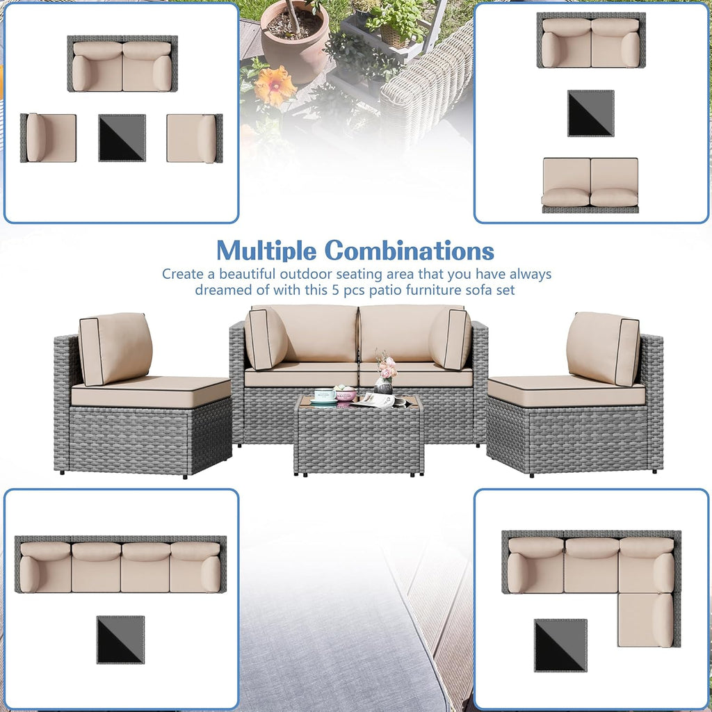 Shintenchi 5 Pieces Outdoor Patio Furniture Sets, Patio Sectional Sofa Couch, Gray PE Wicker Furniture Modular Patio Conversation Sets Patio Sofa with Washable Cushions & Table（Khaki）