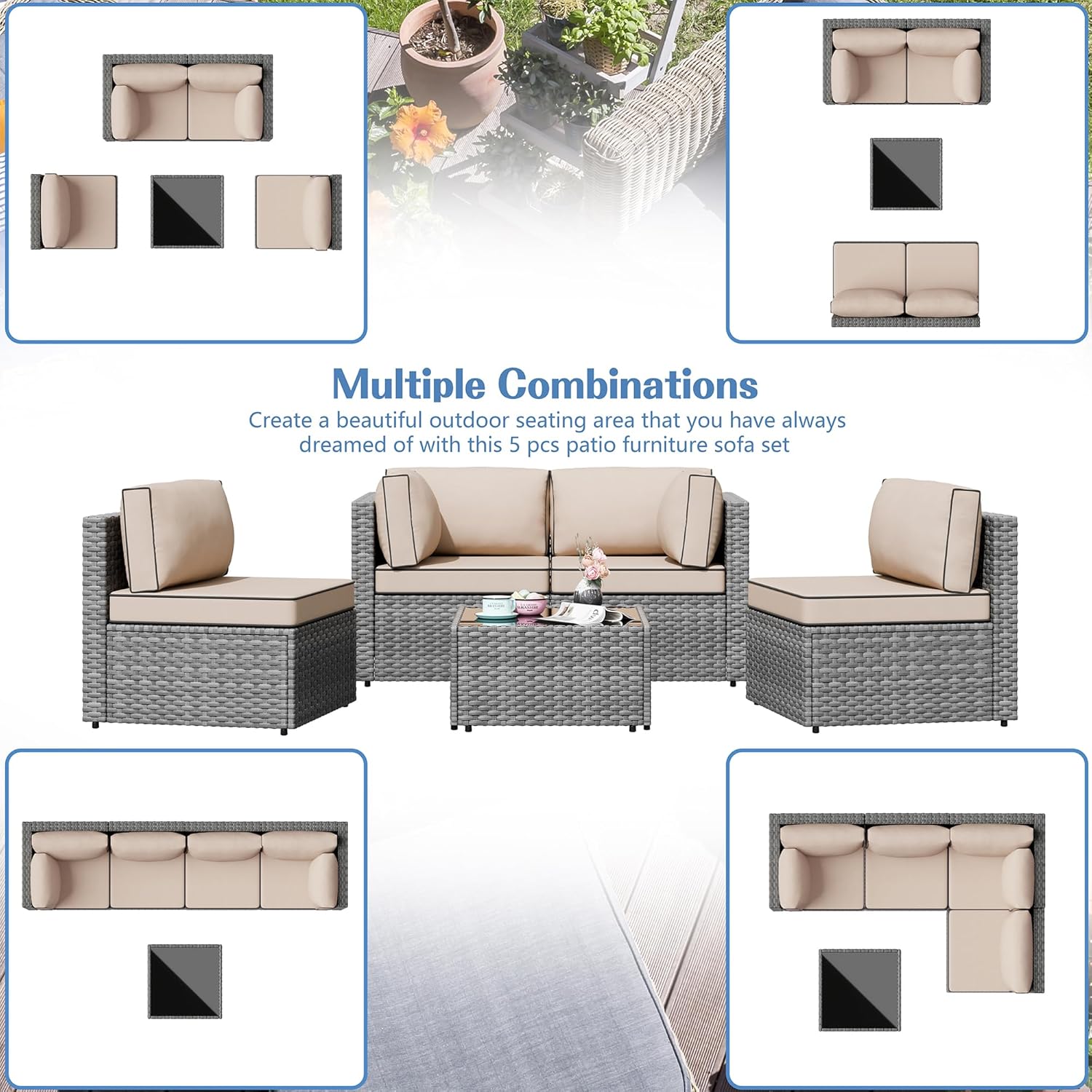Shintenchi 5 Pieces Outdoor Patio Furniture Sets, Patio Sectional Sofa Couch, Gray PE Wicker Furniture Modular Patio Conversation Sets Patio Sofa with Washable Cushions & Table（Khaki）