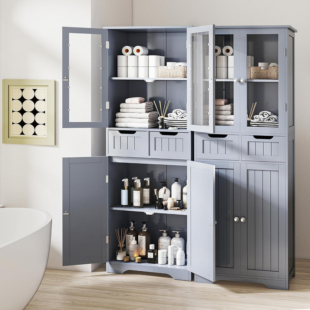 Betterhood 67' Tall Bathroom Storage Cabinet, Freestanding Cabinet with Glass Doors and Shelves, Large Bathroom Pantry with 2 Drawers for Living Room, Kitchen, Dining Room, Office, Gray