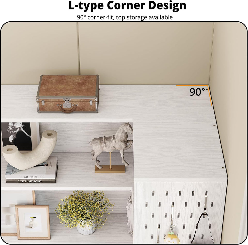 IRONCK Corner Bookshelf with LED Lights, 78.7' Tall Corner Bookshelves with 2 Drawers & Transparent Doors, 7 Tiers L-Shaped Bookcase with Open Shelves and Pegboards for Living Room, Home Office, White