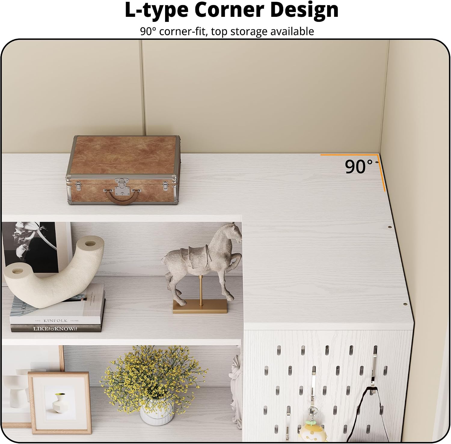 IRONCK Corner Bookshelf with LED Lights, 78.7' Tall Corner Bookshelves with 2 Drawers & Transparent Doors, 7 Tiers L-Shaped Bookcase with Open Shelves and Pegboards for Living Room, Home Office, White
