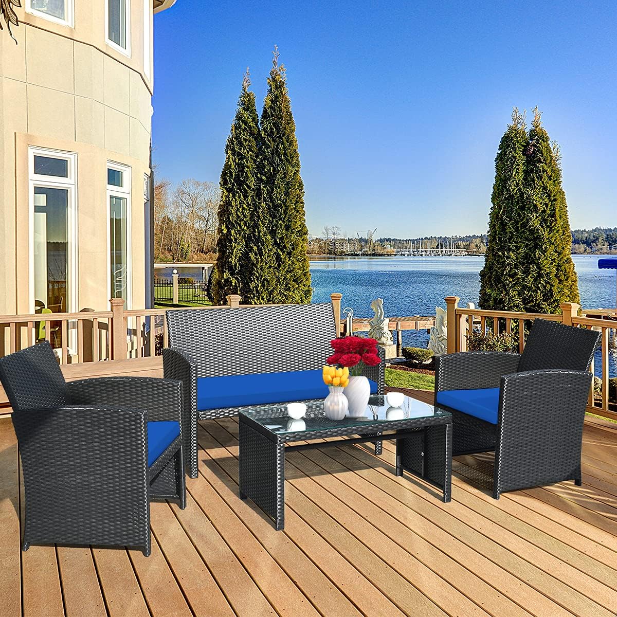 Tangkula 8 Pieces Patio Wicker Conversation Furniture Set, Patiojoy Sofa & Table Set w/4 Seats, Outdoor Rattan Sofa Set for Balcony Backyard, Wicker Chair Set with Tempered Glass Coffee Table