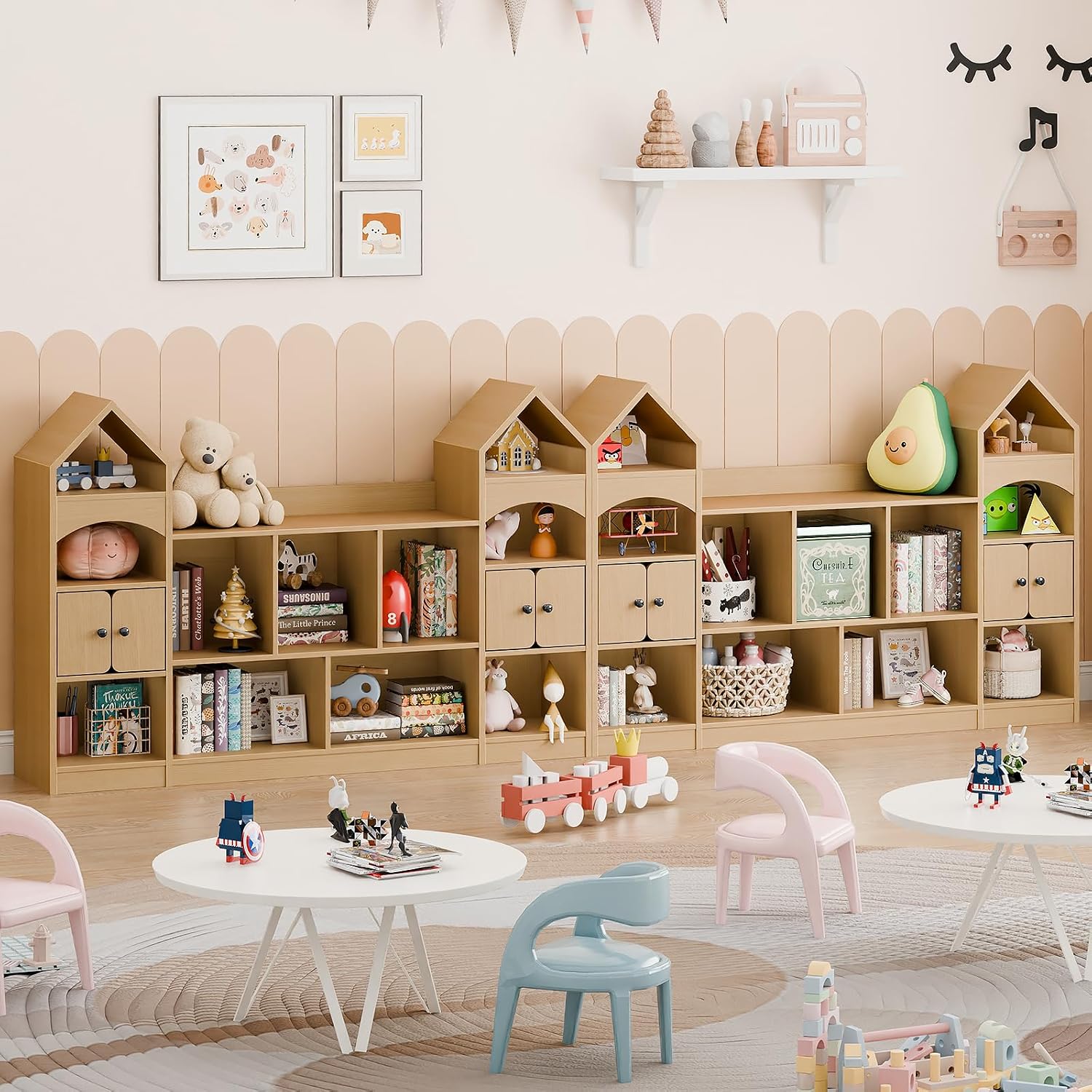 Vabches Castle Shape Children's Bookshelf, Kids Bookcase Display Case Kids Toy Storage Organizer Multifunctional Storage Cabinet Bookshelf Suitable for Playroom, Children's Room, Living Room, Oak