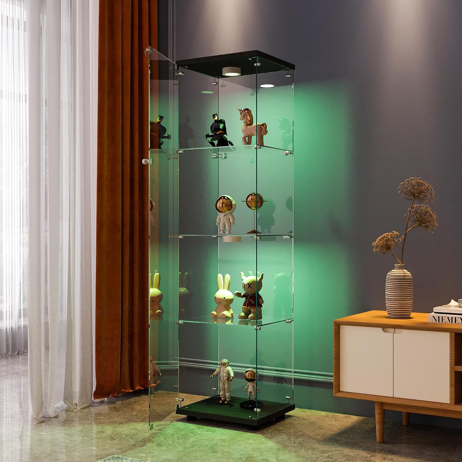 FANYUSHOW Display Cabinet with Glass Door and LED Light, 4-Tier Tempered Glass Display Shelf, Glass Curio Cabinet Collection Display Case, Display Case Cabinet, Black 64.7' H x 16.7' L x 14.37' W