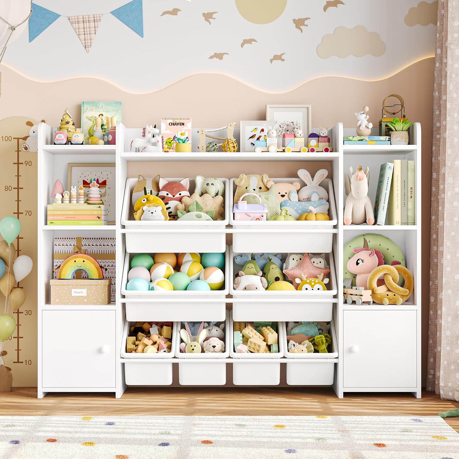 FOTOSOK Toy Storage Organizer with 8 Toy Bins, 55''Large Toy Organizers and Storage with Top Shelf, Toy Storage and Kids Bookshelf with 6 Storage Cubbies, Playroom Storage and Organization Bins, White