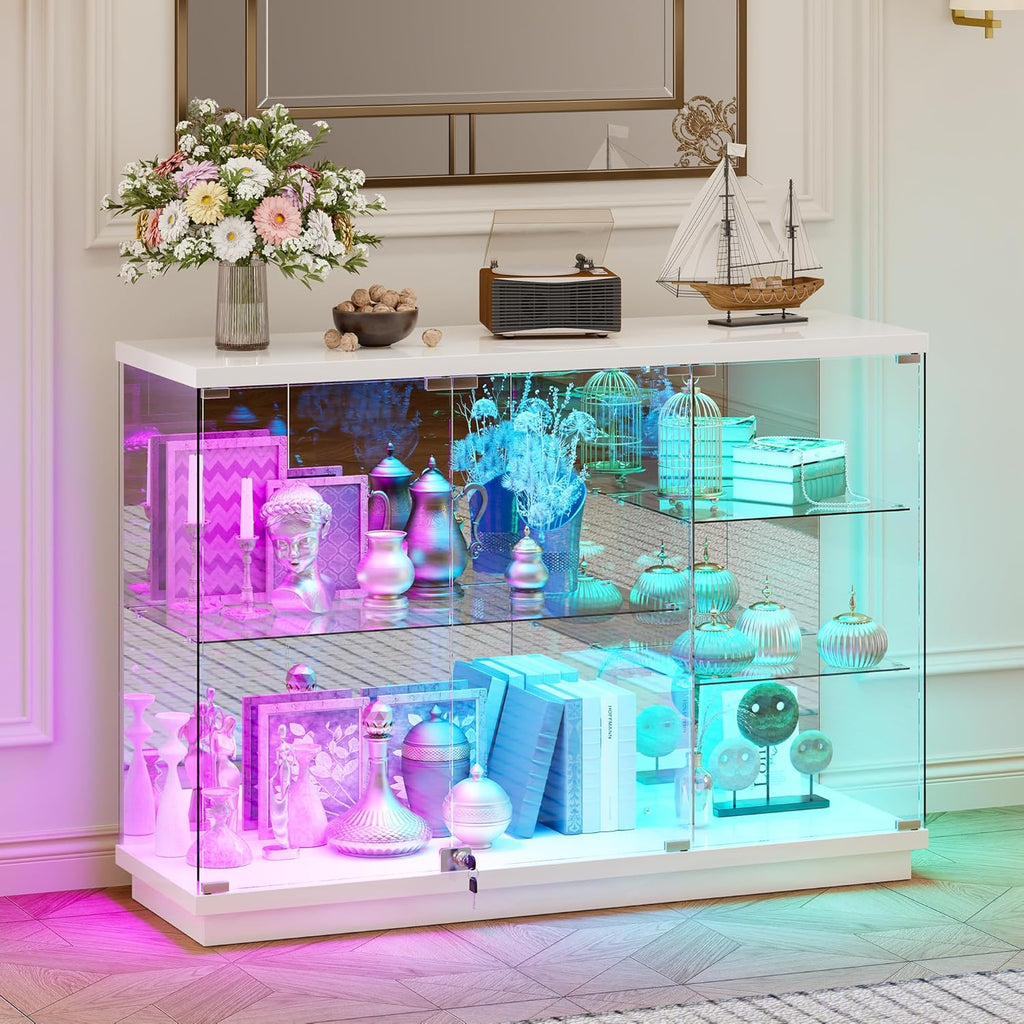 HNEBC 47.2' W Display Cabinet - with Lockable Glass Door,5-Tier Glass Display Case with 12 Lights Modes for Collectibles,Lighted Cuiro Cabinet with Human Sensor,China Cabinet,Living Room,White