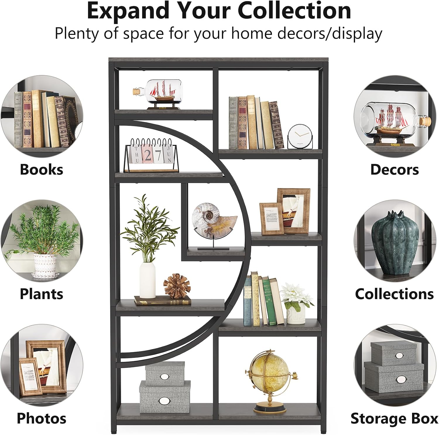 Tribesigns Bookshelf Industrial 5 Tier Etagere Bookcase, Freestanding Tall Bookshelves Display Shelf Storage Organizer with 9-Open Storage Shelf for Living Room, Bedroom